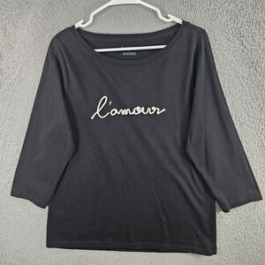 Talbots Womens L Amour Graphic Tee Black Cotton 3/4 Sleeve Boat Neck Top Large